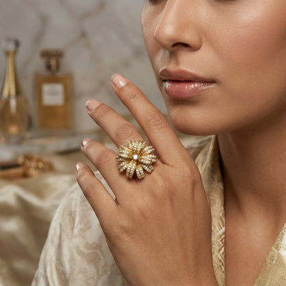 Antique Finish Gold Plated AD Cocktail Ring – Brass Statement Ring
