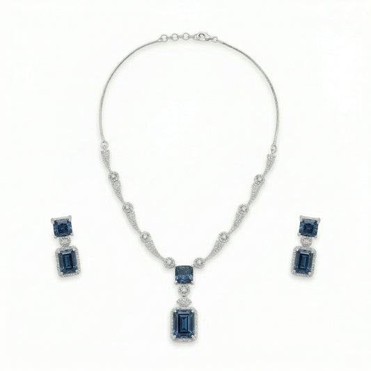 Regal Geometry American Diamond Necklace Set (Rhodium Plated)
