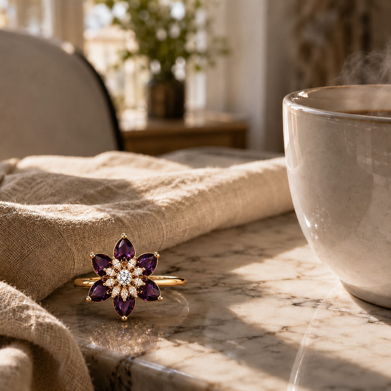 Floral AAA American Diamond Brass Statement Ring| Daisy Flower Cocktail Ring for Women